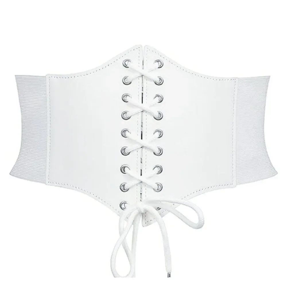 White Vegan Leather Under Breast Corset Stretch Lace‎ Up Belt One Size